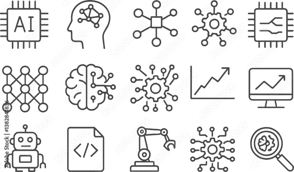 Poster Vector illustration of technology and artificial intelligence icons depicting various advancements in digital innovation