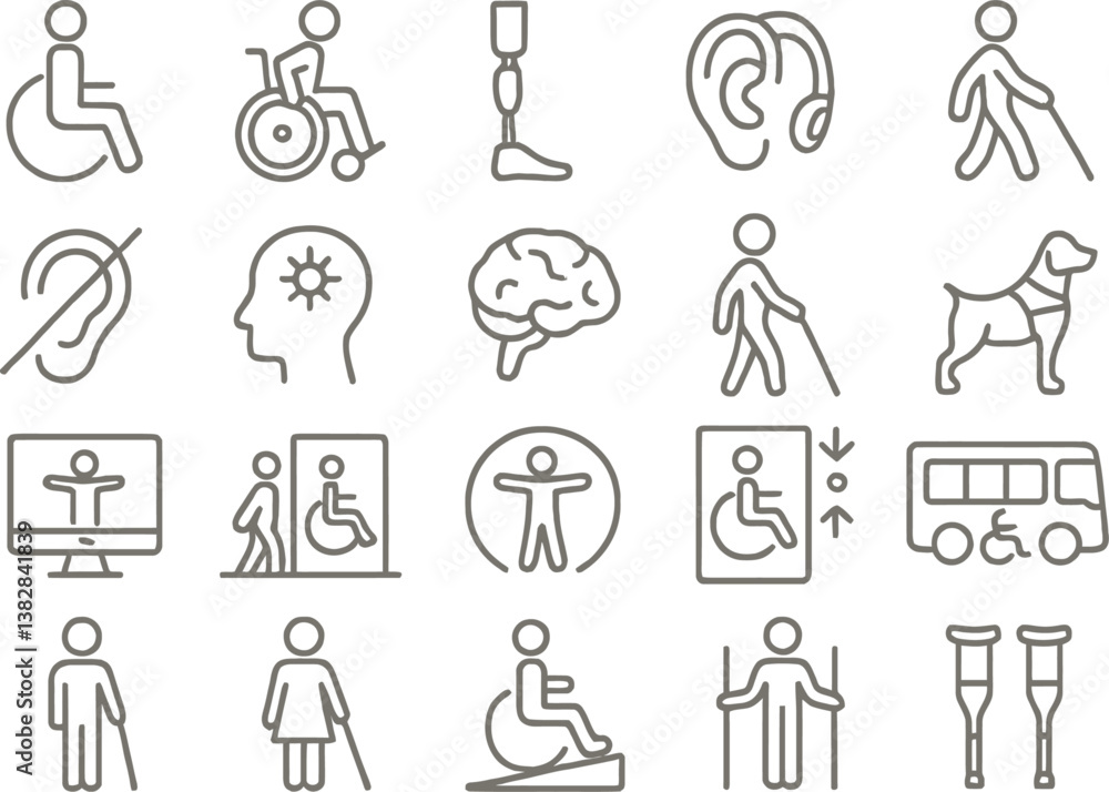 Poster vector illustration of line icons representing accessibility, disabilities, and support for various 