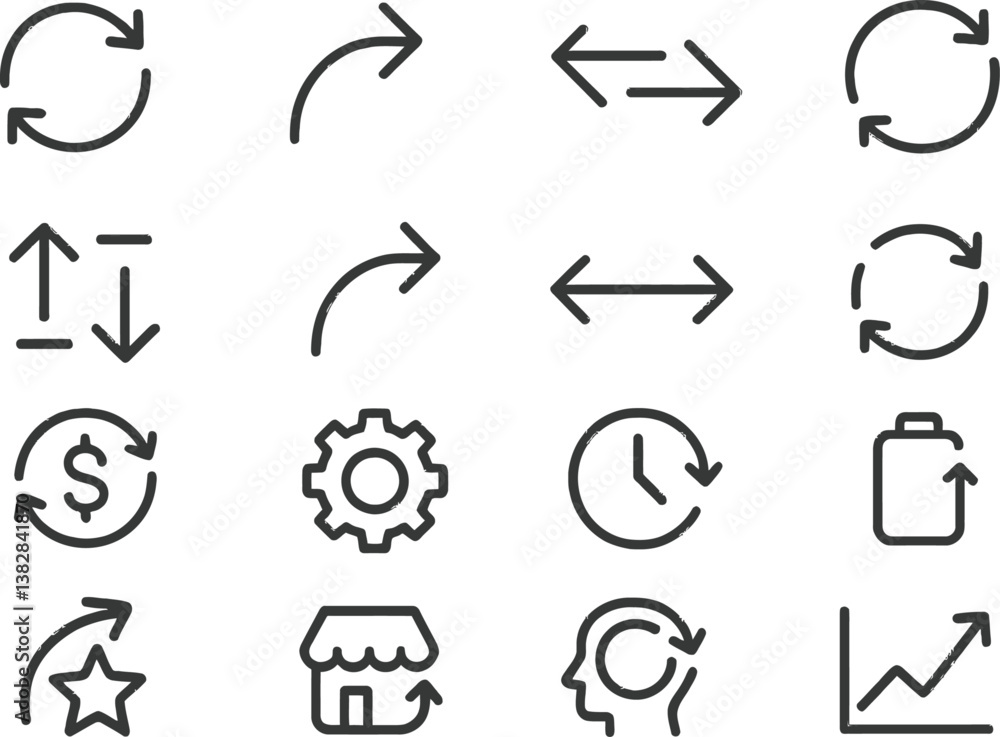 Poster vector illustration of line icons representing various concepts such as recycling, time management, 
