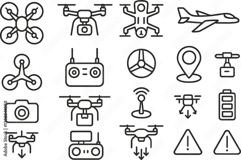 Poster Vector illustration of drone technology with icons representing various functions and uses in aviation and photography