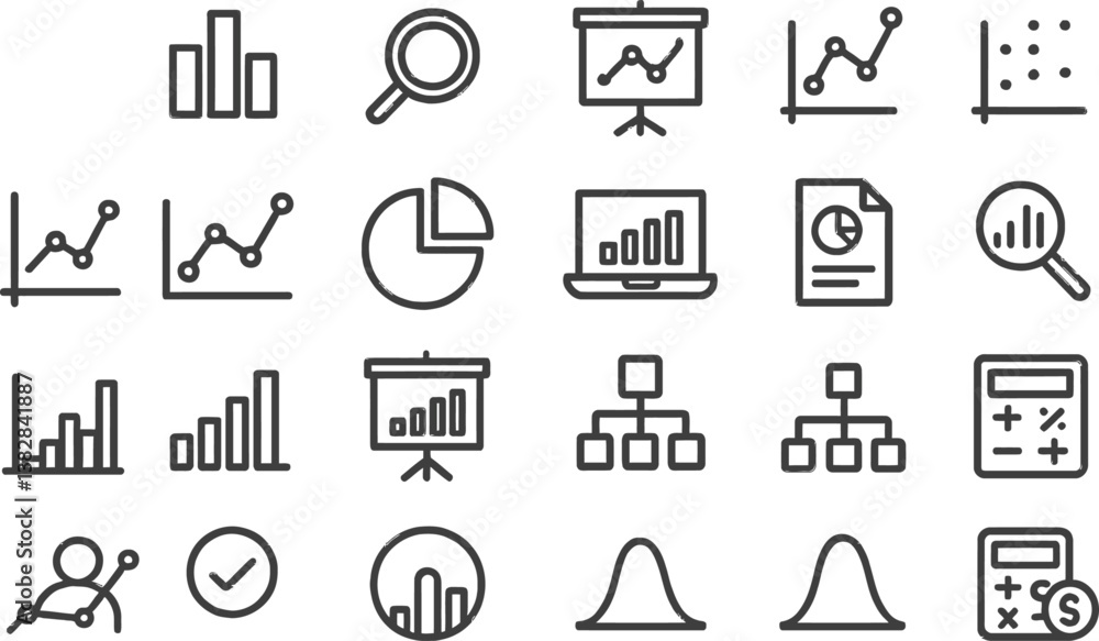Poster Vector illustration consisting of various line icons related to data analysis, visualization tools, and analytics activities