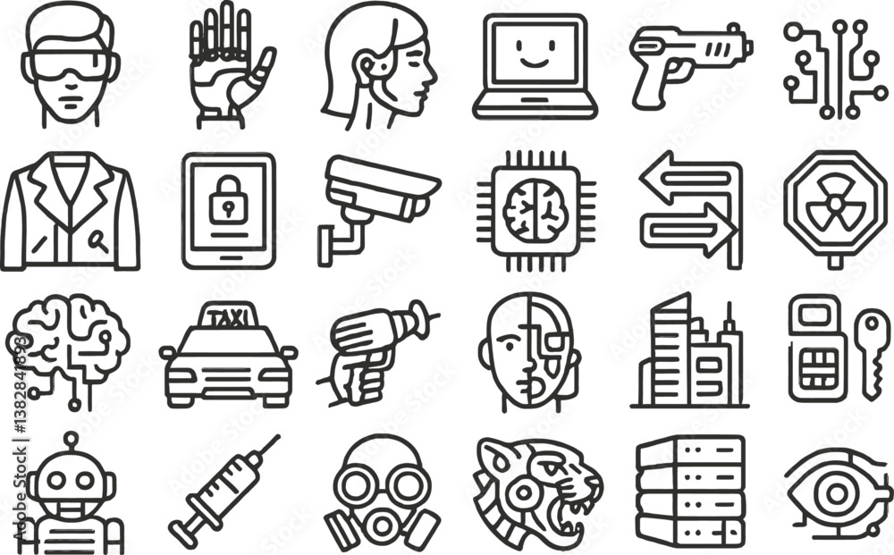 Poster Vector illustration of technology and robotics line icons depicting various elements of modern life and security systems