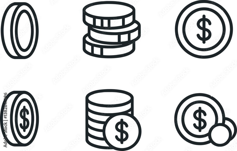 Poster vector illustration of line icons depicting various coins and currency symbols representing money an