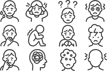Emotional line icons depicting various mental health states and feelings related to stress and anxiety management