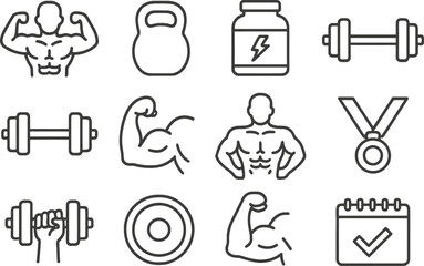 Fitness vector illustration line icons representing gym activities, weightlifting, and healthy lifestyle choices for fitness enthusiasts