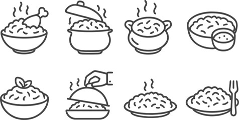 Various vector line icons illustrating different bowls of rice, cooking pots, and food serving elements in a minimalistic style