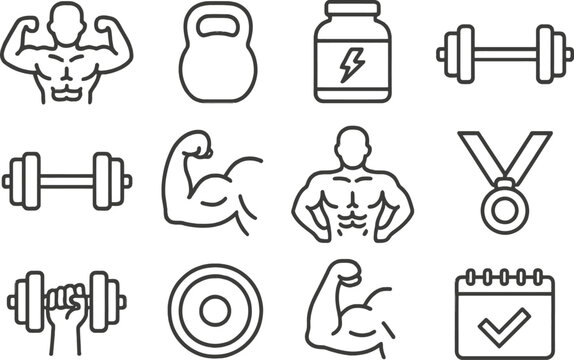 Fitness vector illustration line icons representing gym activities, weightlifting, and healthy lifestyle choices for fitness enthusiasts