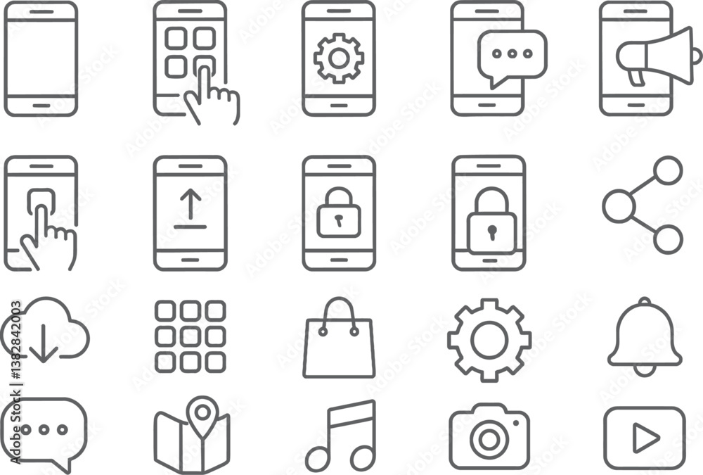 Poster Vector illustration of mobile device line icons depicting various functions and activities in a modern digital environment