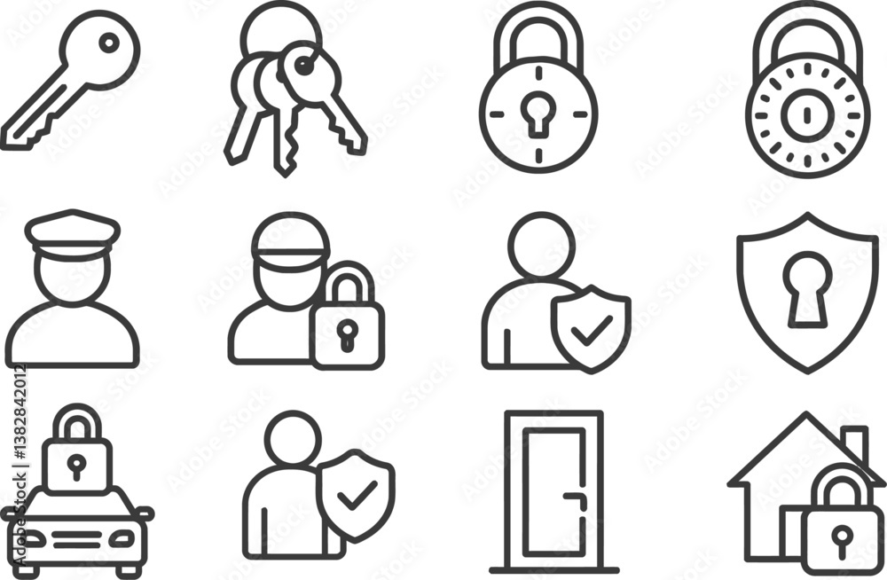Poster vector illustration of security icons featuring keys, locks, and characters in various protective sc