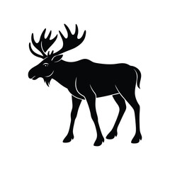 A black moose silhouette vector illustration depicts a wild mammal with antlers isolated on white.
