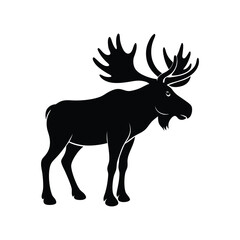 A black moose silhouette vector illustration depicts a wild mammal with antlers isolated on white.