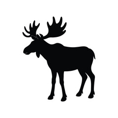 A black moose silhouette vector illustration depicts a wild mammal with antlers isolated on white.