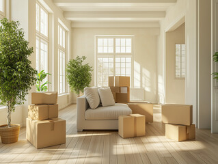 Moving concept. Packed boxes stacked in a big pile, symbolizing moving to a new home.