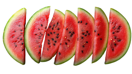 Watermelon Slices:  A refreshing row of vibrant red watermelon slices,  ready to quench thirst on a hot summer day.  Each slice is carefully arranged, revealing the juicy pulp and tiny black seeds.