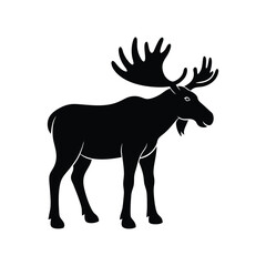 A black moose silhouette vector illustration depicts a wild mammal with antlers isolated on white.