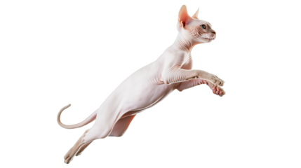 A sleek cat leaps energetically with its body stretched out in mid-air. The scene captures the essence of playfulness and agility, highlighting the cat's elegant form against an unadorned backdrop.