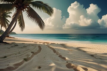 Tropical summer sand beach and palm on sea sky background, copy space. Summer vacation and travel concept from AI Generative
