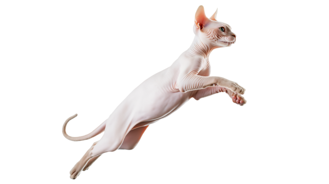 A sleek cat leaps energetically with its body stretched out in mid-air. The scene captures the essence of playfulness and agility, highlighting the cat's elegant form against an unadorned backdrop.
