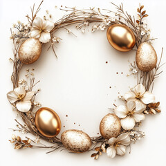 Wreath of golden eggs and flowers. Easter frame. Spring greetings with Easter
