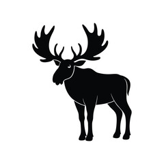 A black moose silhouette vector illustration depicts a wild mammal with antlers isolated on white.