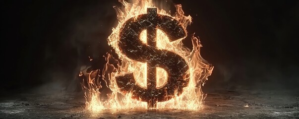 A burning dollar sign surrounded by flames, symbolizing financial loss, destruction, or the dangerous allure of money.