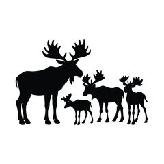 A black moose silhouette vector illustration depicts a wild mammal with antlers isolated on white.