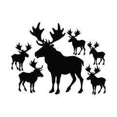 A black moose silhouette vector illustration depicts a wild mammal with antlers isolated on white.