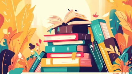 Whimsical Stack of Books in a Lush, Colorful Illustration with Open Book and Floating Boat
