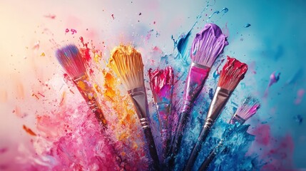 Vibrant paintbrushes exploding with color.  Colorful paint splatters surround a group of paintbrushes in various hues, creating a dynamic artistic image
