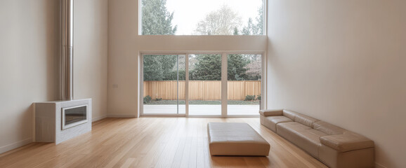 Fototapeta premium Modern minimalist living room with large windows and natural light on a serene day