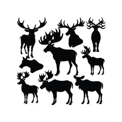 Fototapeta premium A black moose silhouette vector illustration depicts a wild mammal with antlers isolated on white.
