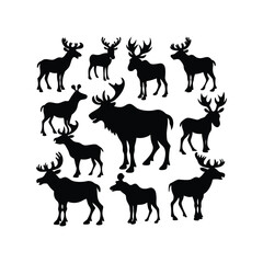 A black moose silhouette vector illustration depicts a wild mammal with antlers isolated on white.
