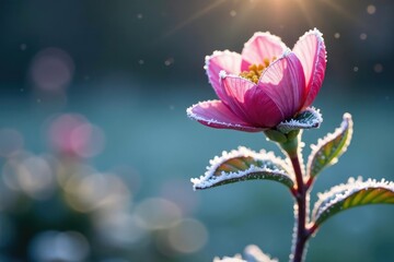 Obraz premium A frost-covered plant still blooming unusually late, photography, ice