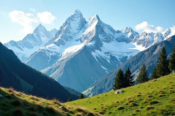 Obraz premium A serene mountain landscape with snow-capped peaks and a few trees, nature, calm, silence