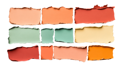 Collection of multi-colored torn papers with rough edges, cut out transparent