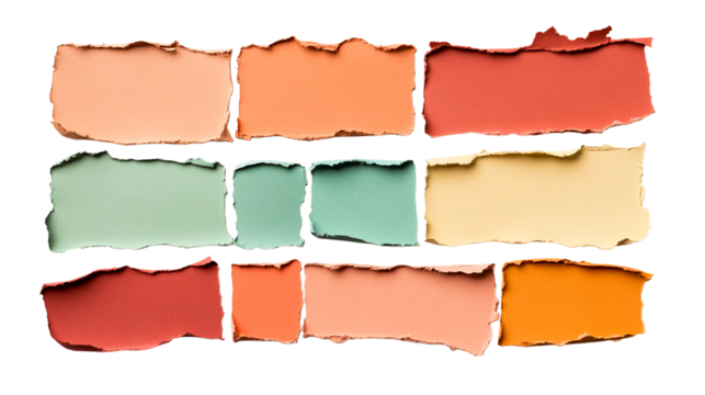 Collection of multi-colored torn papers with rough edges, cut out transparent