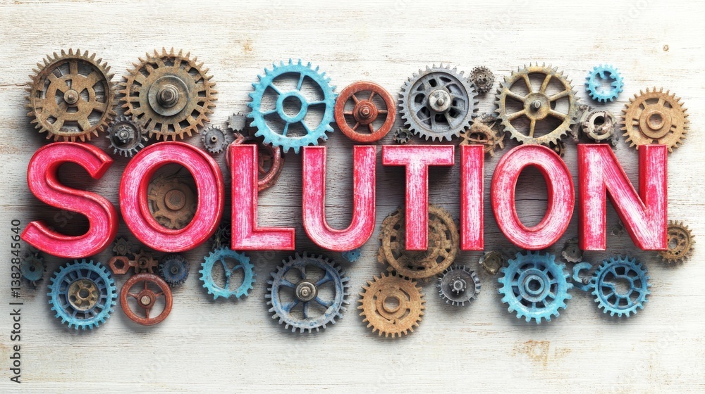Poster solution text from gears and cogs on white wood, concept of finding solution creative idea.