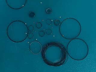 Drone top view of Tuna fish farm, rings. Mediterranean sea