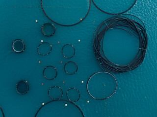 Drone top view of Tuna farm, rings. Mediterranean sea