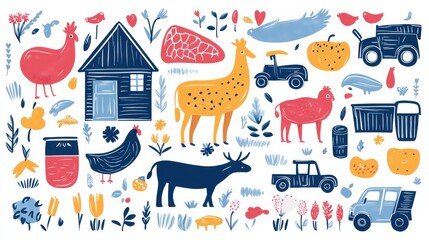 Farm doodle vector collection illustration isolated on white background with chicken, house, cow, truck, and pumpkin