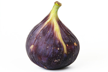 A whole fig with deep purple skin texture, isolated on a white background