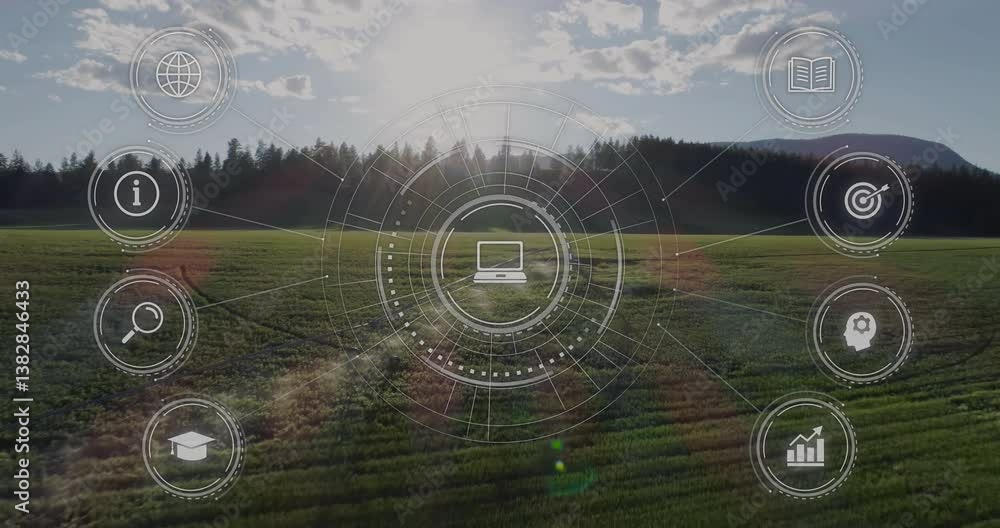 Poster animation of digital interface icons floating over green field with trees and sky
