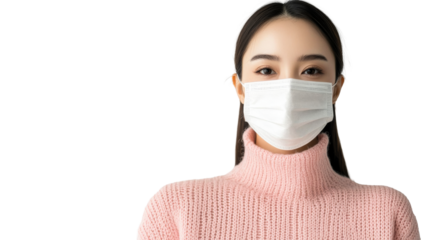 Asian girl in a mask and sweater, cut out transparent