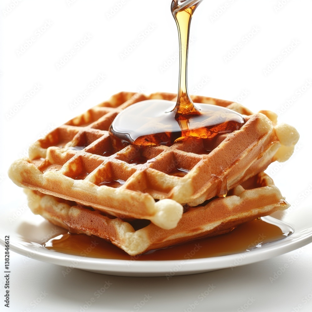 Poster golden syrup cascading over a stack of crispy waffles on a pristine white plate offering a delightfu