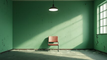 A minimalistic room featuring a single red chair, green walls, and a window casting shadows, evoking feelings of solitude and contemplation.