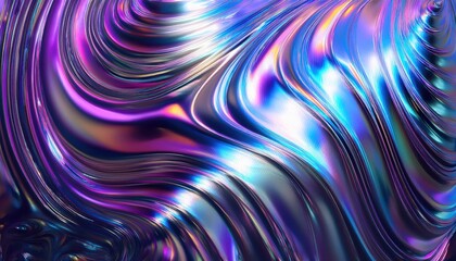 holographic liquid metal texture with iridescent blue and purple waves, abstract glossy background for futuristic digital design

