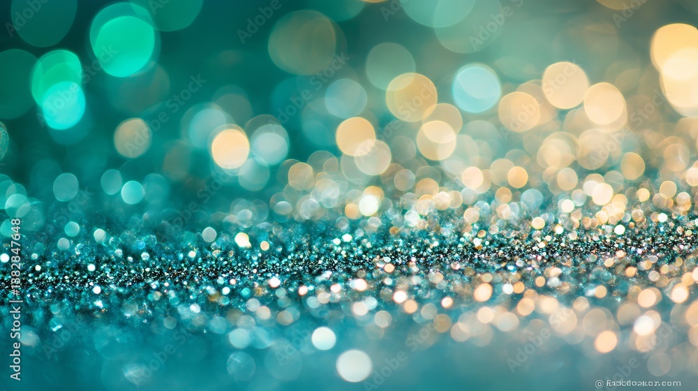 Poster abstract green bokeh defocus glitter blur background with soft light and shimmering particles, perfe