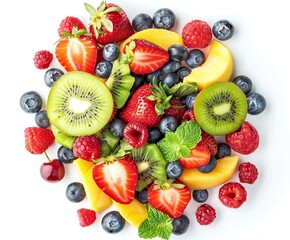 Obraz premium Fruit salad with kiwi, blueberries, and strawberries on a white background. Top view of a fresh
