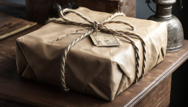 A package wrapped in brown paper and twine on a vintage desk.  Generative AI. 