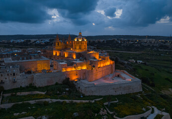 Drone night view of Mdina - old capital of Maltese island